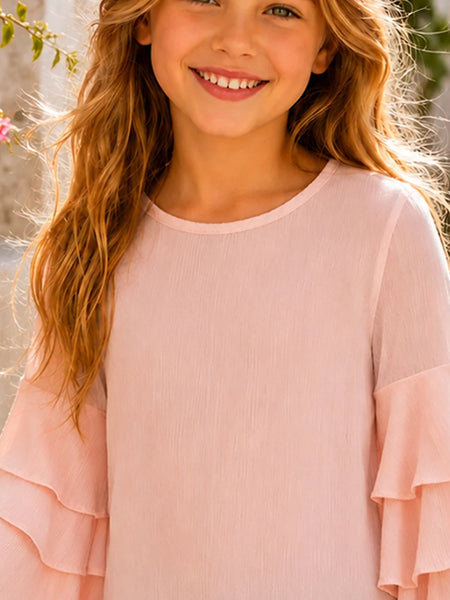 Girls Blush Pink Tiered Ruffle Sleeve Top