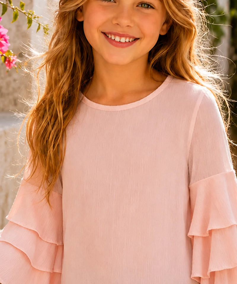Girls Blush Pink Tiered Ruffle Sleeve Top