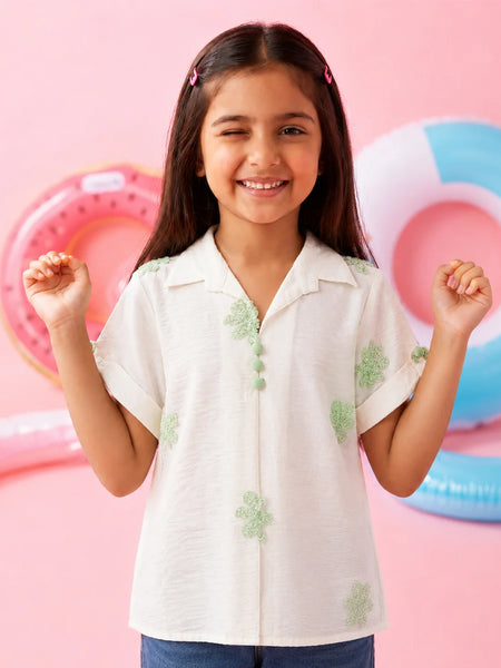 White Flower Embroidered Girls Top