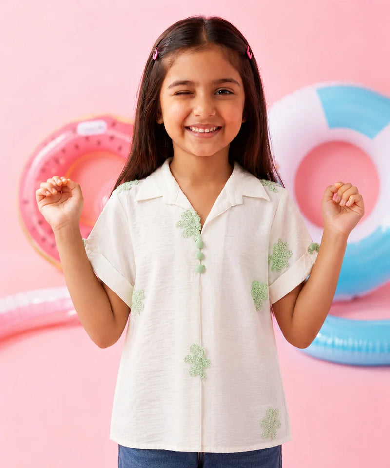 White Flower Embroidered Girls Top
