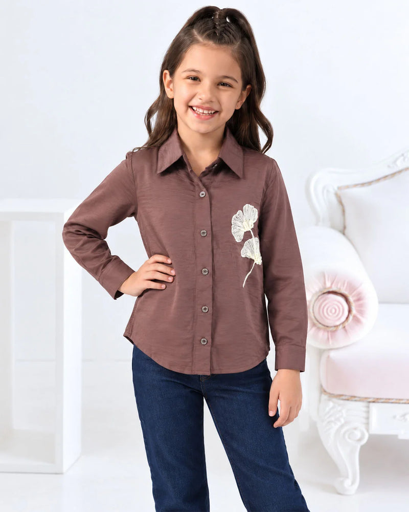Girls' coffee brown full sleeve satin party wear shirt, front view, by Devils N Angels Jaipur