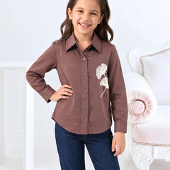 Girls' coffee brown full sleeve satin party wear shirt, front view, by Devils N Angels Jaipur