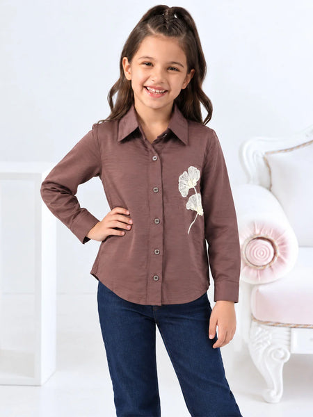 Girls' coffee brown full sleeve satin party wear shirt, front view, by Devils N Angels Jaipur