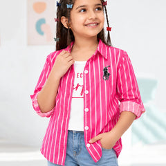 Girls' pink striped open shirt with white sleeveless T-shirt, front view, by Devils N Angels Jaipur