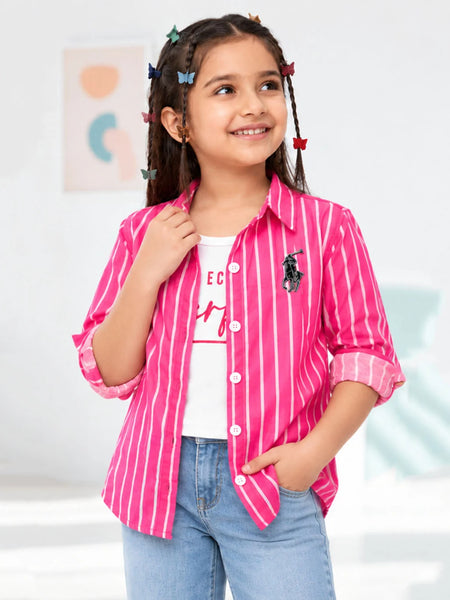Girls' pink striped open shirt with white sleeveless T-shirt, front view, by Devils N Angels Jaipur