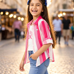 Pink striped full sleeve shirt style top for girls, Devils N Angels Jaipur, view 3