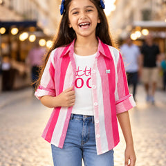 Girls' white sleeveless tee with pink striped open shirt, Devils N Angels Jaipur, view 4