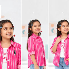 Girls' pink striped shirt top set, Devils N Angels Jaipur, view 4