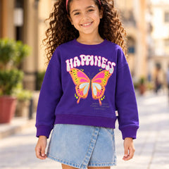Girls' purple butterfly print full sleeve crop top, front view, by Devils N Angels Jaipur
