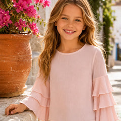 Girls Blush Pink Tiered Ruffle Sleeve Top