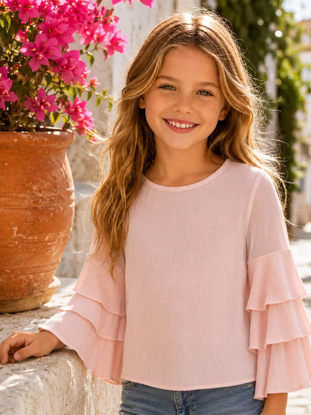 Girls Blush Pink Tiered Ruffle Sleeve Top