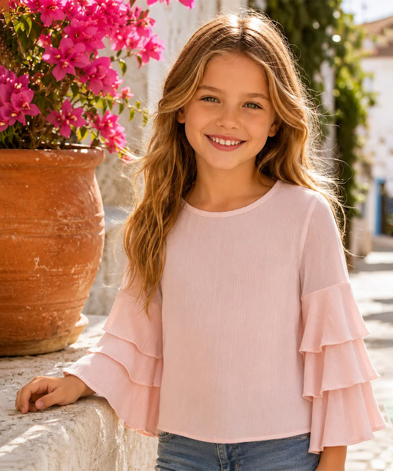 Girls Blush Pink Tiered Ruffle Sleeve Top