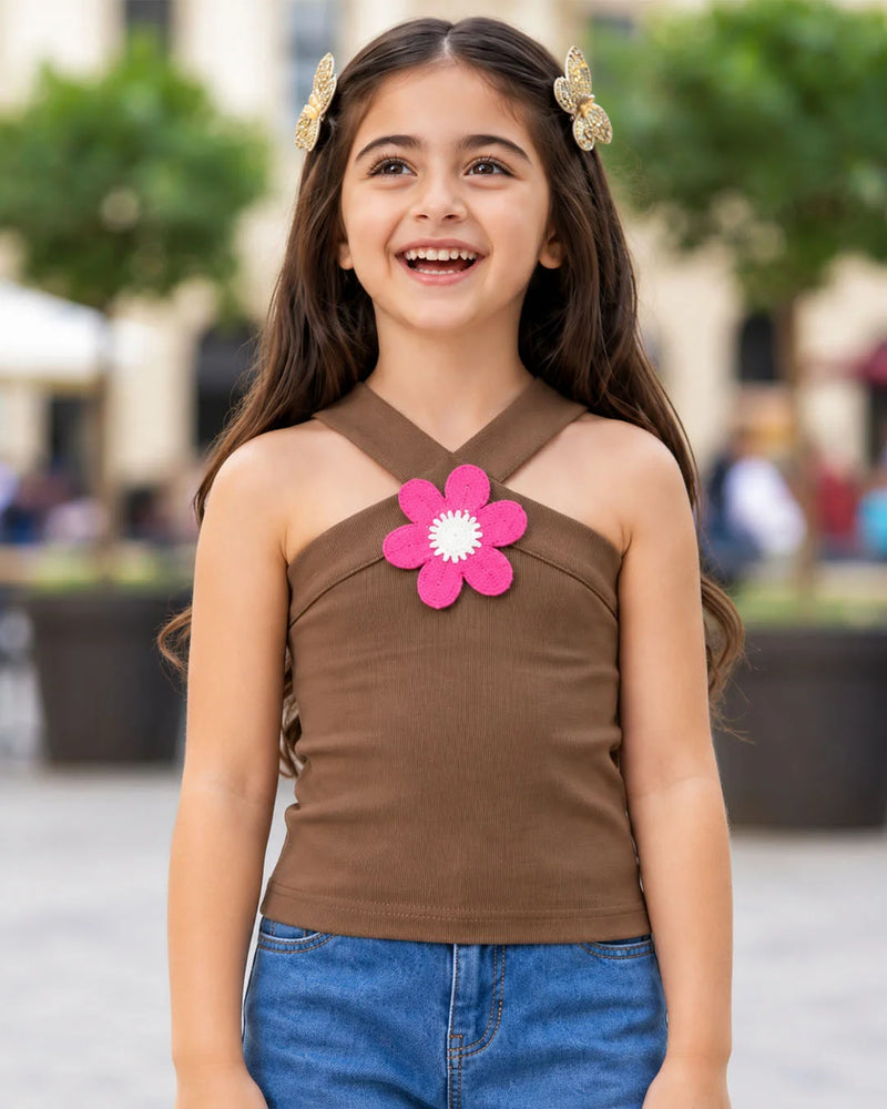 Girls' coffee halter neck top, front view, by Devils N Angels Jaipur