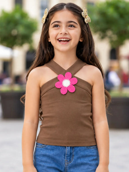 Girls' coffee halter neck top, front view, by Devils N Angels Jaipur
