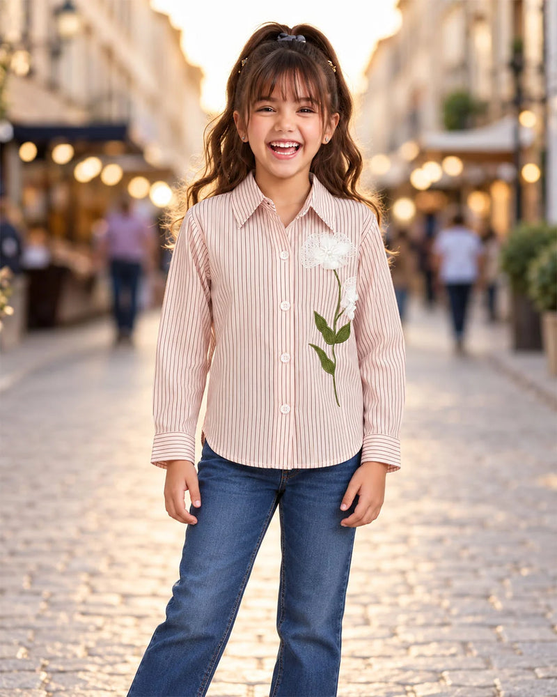 Girls' peach flower embroidered shirt style full sleeve top, front view, by Devils N Angels Jaipur