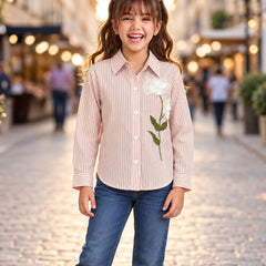 Girls' peach flower embroidered shirt style full sleeve top, front view, by Devils N Angels Jaipur