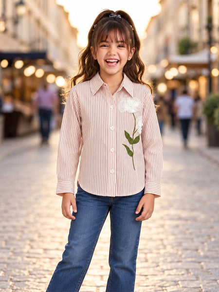 Girls' peach flower embroidered shirt style full sleeve top, front view, by Devils N Angels Jaipur