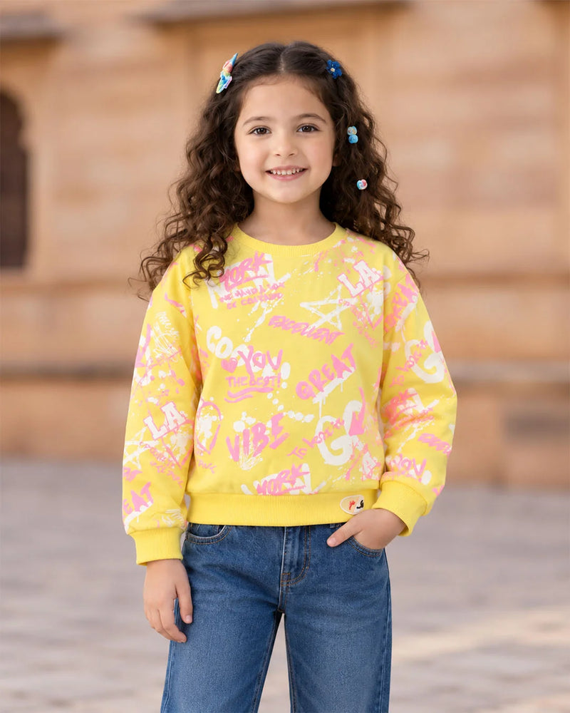 Girls' yellow printed full sleeve crop top, front view, by Devils N Angels Jaipur