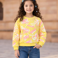 Girls' yellow printed full sleeve crop top, front view, by Devils N Angels Jaipur