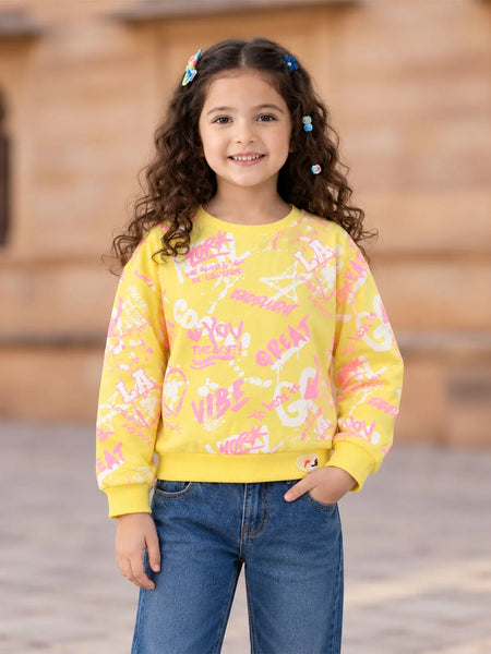 Girls' yellow printed full sleeve crop top, front view, by Devils N Angels Jaipur