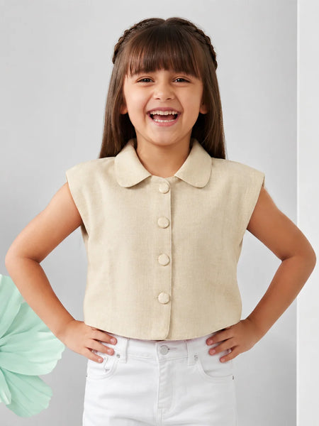 Girls Solid Beige Sleeveless Shirt Top