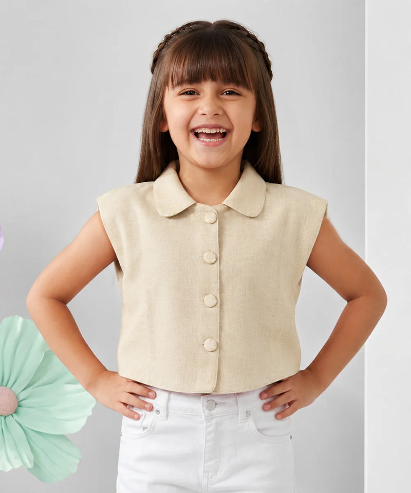 Girls Solid Beige Sleeveless Shirt Top