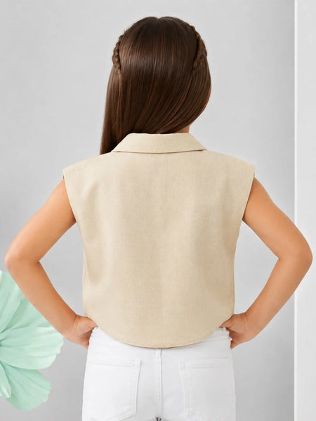 Girls Solid Beige Sleeveless Shirt Top