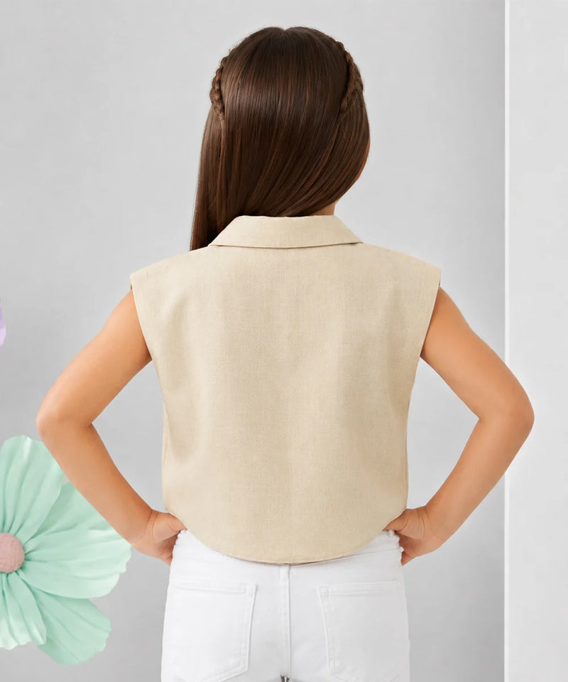 Girls Solid Beige Sleeveless Shirt Top