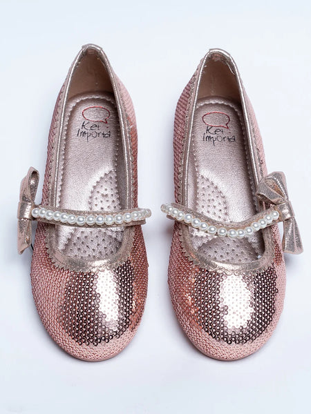 Rose gold sequin Mary Jane flats for girls with pearl strap and side bow, Jaipur, ages 1–8 years

