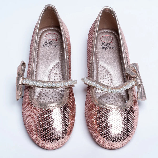 Rose gold sequin Mary Jane flats for girls with pearl strap and side bow, Jaipur, ages 1–8 years

