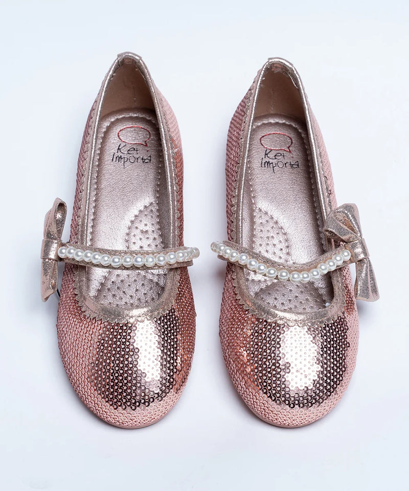 Rose gold sequin Mary Jane flats for girls with pearl strap and side bow, Jaipur, ages 1–8 years

