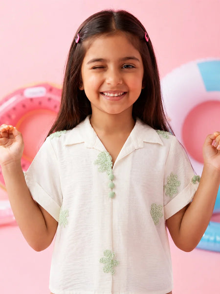 White Flower Embroidered Girls Top