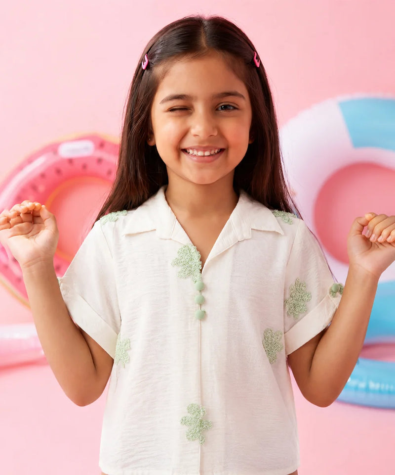 White Flower Embroidered Girls Top