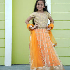 Young girl in a traditional outfit with orange and gold colors against a green wall.