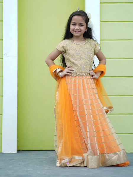 Young girl in a traditional outfit with orange and gold colors against a green wall.