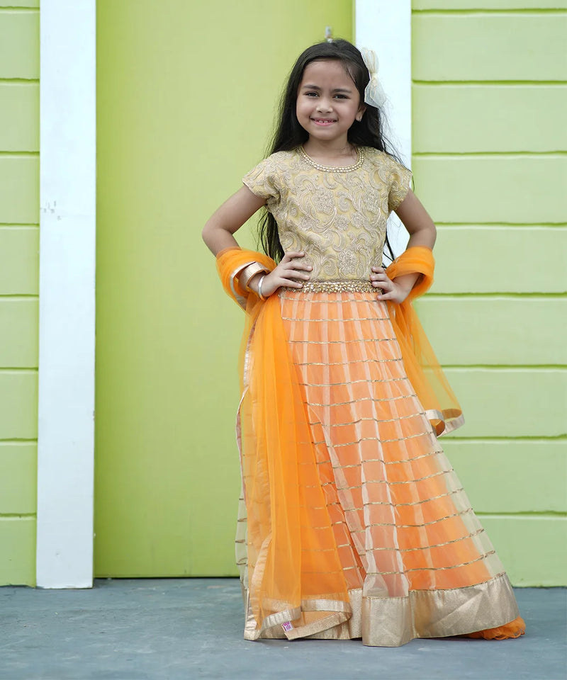 Young girl in a traditional outfit with orange and gold colors against a green wall.
