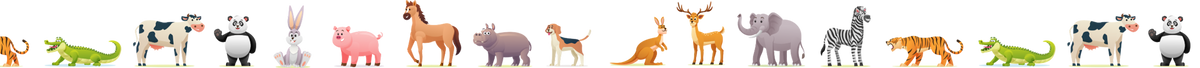 Colorful animal figurines arranged in a row on a white background