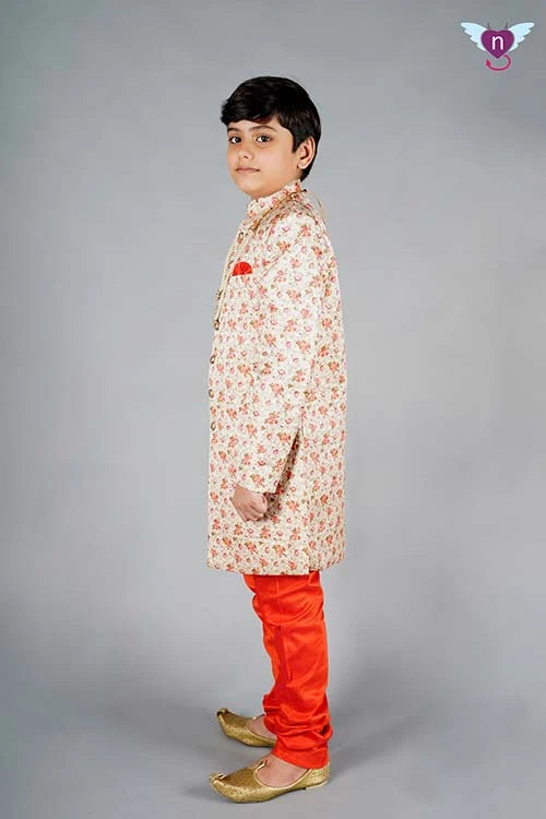 Peach Coloured Heavy Jacquard Sherwani for Grooms/Brides Brother