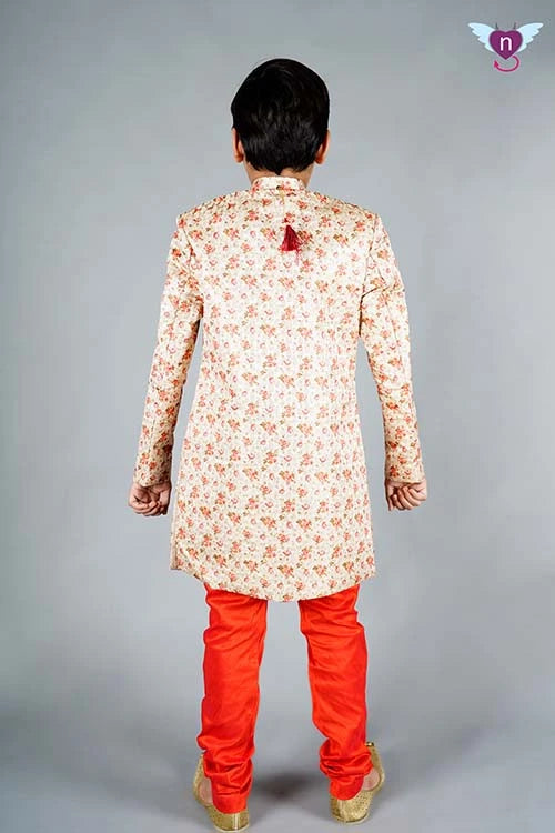 Peach Coloured Heavy Jacquard Sherwani for Grooms/Brides Brother
