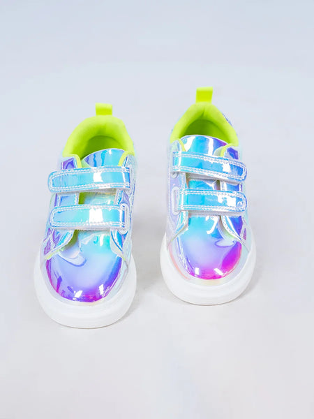 Holographic blue girls' sneakers with double Velcro straps and neon yellow lining, Jaipur, ages 1–8 years