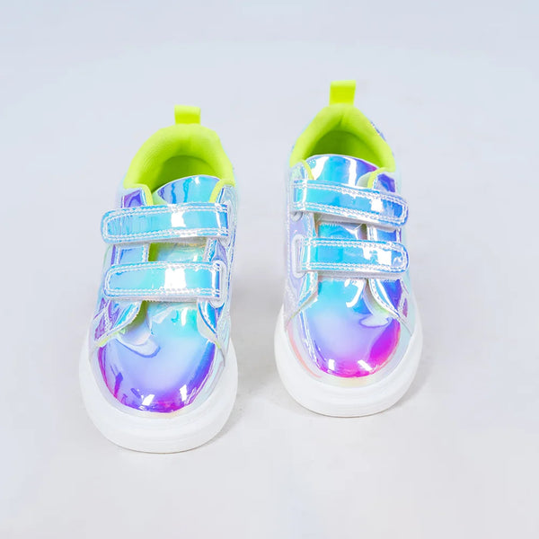 Holographic blue girls' sneakers with double Velcro straps and neon yellow lining, Jaipur, ages 1–8 years