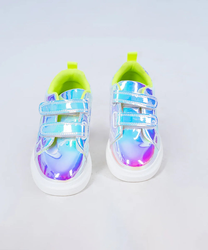 Holographic blue girls' sneakers with double Velcro straps and neon yellow lining, Jaipur, ages 1–8 years