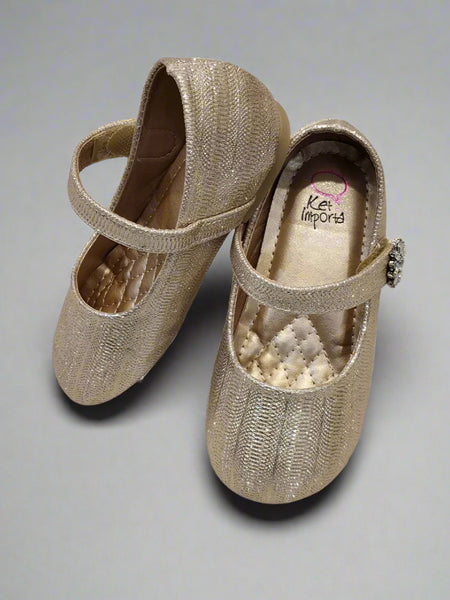 Kids' metallic gold party flats with quilted insole and classic strap, perfect for events in Jaipur