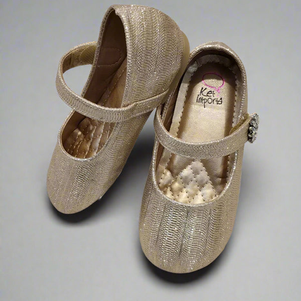 Kids' metallic gold party flats with quilted insole and classic strap, perfect for events in Jaipur