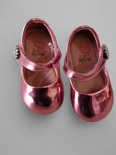 Baby pink mirror-finish dress shoes for toddlers with rhinestone buckle and soft sole, Jaipur