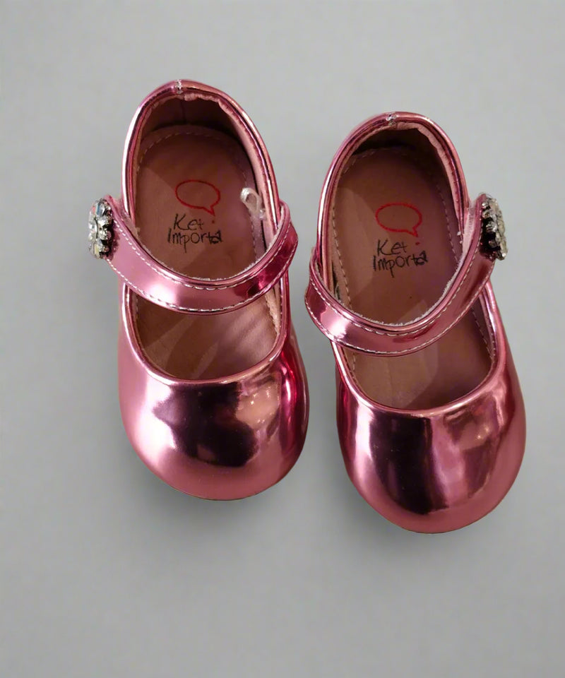 Baby pink mirror-finish dress shoes for toddlers with rhinestone buckle and soft sole, Jaipur