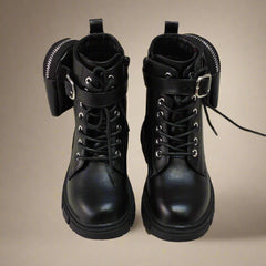 Close-up of girls' black ankle boots with removable pouch and rugged design, perfect for winter in Jaipur