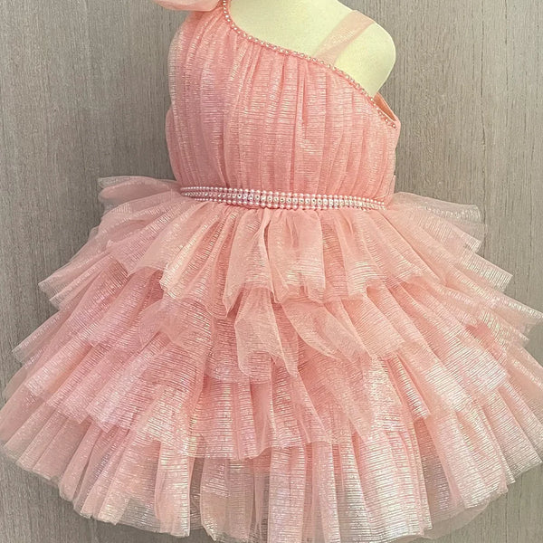 peach shimmery frilly frock for baby girls 