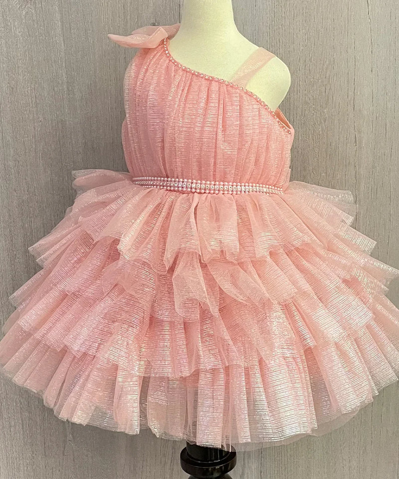 peach shimmery frilly frock for baby girls 