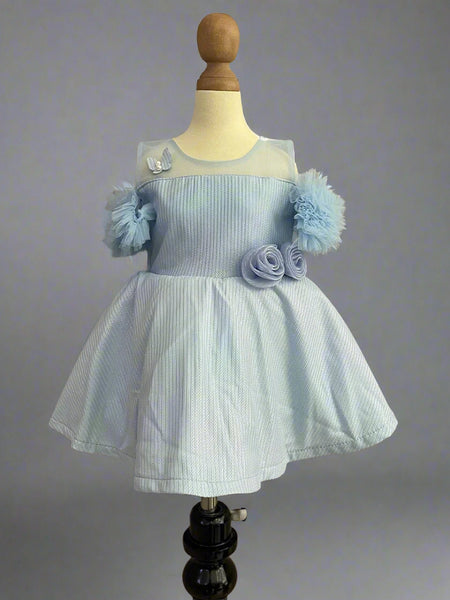 Sky Blue Colored Shinny Frock with cold shoulder sleeves for Birthday